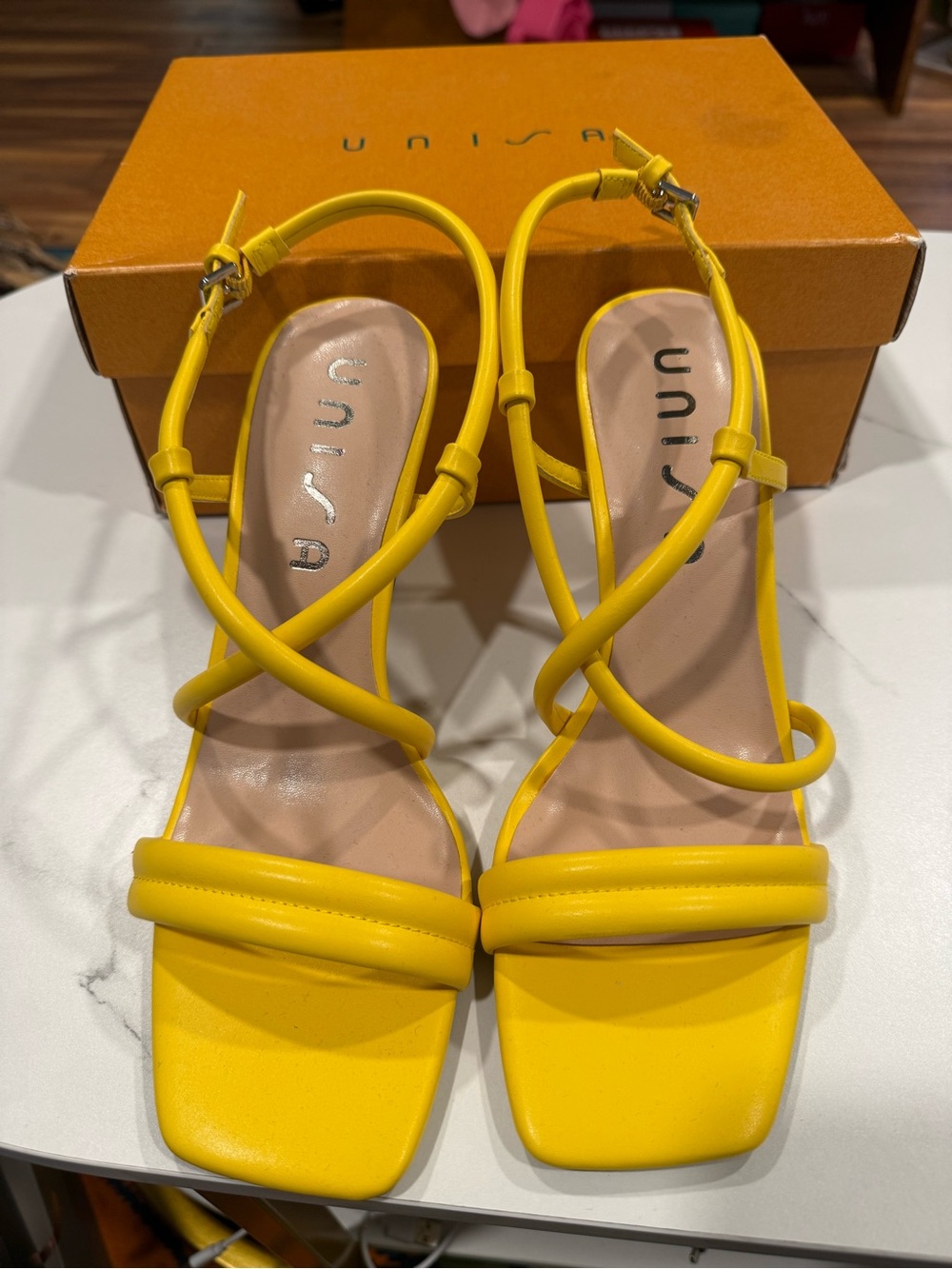Unisa Bright Yellow Strappy Square-Toe Heeled Sandals
